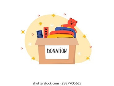 Charity donation. Cute donation box with clothes, books and toy. Vector illustration.