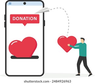 Charity donation, donate online with care to help and support people, giving money or volunteer, mobile social app to help other people concept, man and woman put heart shape into mobile donation app.