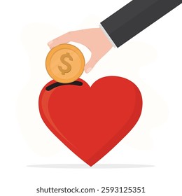 Charity, donation, financial assistance, help, aid or support, philanthropy. Human hand putting coin into red heart. Donating money to nonprofit organization or foundation. flat vector illustration