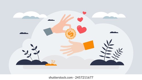 Charity and donation as financial support to poor tiny person hands concept. Money assistance as economical humanitarian help from philanthropy community vector illustration. Social solidarity.