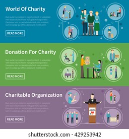 Charity donation flat banners with charitable organizations and volunteers helping needy people vector illustration svg