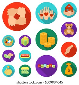 Charity and donation flat icons in set collection for design. Material aid vector symbol stock web illustration.