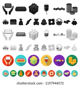 Charity and donation flat icons in set collection for design. Material aid vector symbol stock web illustration.