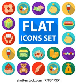 Charity and donation flat icons in set collection for design. Material aid vector symbol stock web illustration.