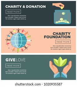 Charity and donation fund vector flat web banners for public fund organization