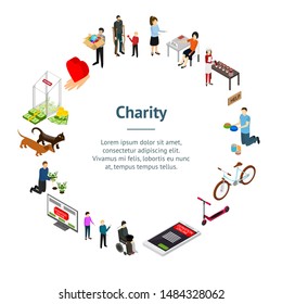 Charity Donation Funding Concept Banner Card Circle 3d Isometric View Include of Money, Coin, People and Box. Vector illustration of Support Concept
