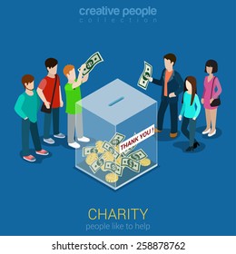 Charity donation funding corporate social responsibility flat 3d isometric web infographic template vector. Group of donors put money transparent box thank you banner. Creative people collection.