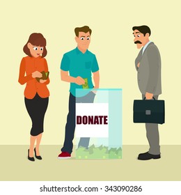 Charity donation funding corporate social responsibility. Group of donors put money transparent box. vector illustration.