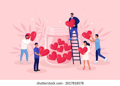Charity, donation and generous social community. Tiny Volunteers holding heart symbol and put hearts in a glass jar. Give and share your love, hope, support to people. Vector illustration