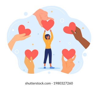 Charity and donation. Give and share your love to people. Several mixed race people hold big heart symbol in surface of their hands. Flat abstract metaphor cartoon vector illustration concept design.