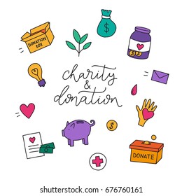 Charity and donation. Hand drawn vector script. Handwritten phrase.Typographic design.Charity symbols collection cartoon donate sketch elements: blood donation, box, heart, money jar, care, help, gift