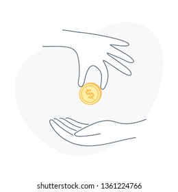 Charity donation, hand putting coin into other hand as a donation. Clean outline vector illustration on white.