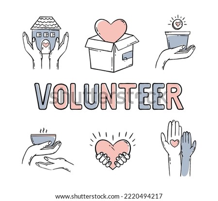 Charity donation for health. A set with elements of hearts in his hands. Vector illustration 