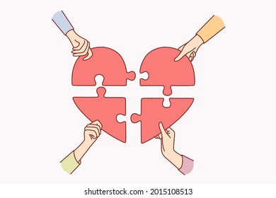 Charity and donation, help concept. Group of people hands holding big heart puzzle symbol on their hands forming heart shape vector illustration.