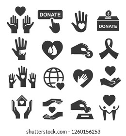 Charity donation and help symbol icon set. Organization image, money to help people, sick, poor, with disability. Vector line art illustration on white background