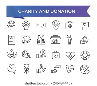 Charity- und Spendensymbol-Kollektion. Hilfe, Freiwillige, Gespendete, Hilfe, Teilen und Linearität Symbol. Vektorgrafik der Liniensymbole festgelegt.