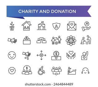 Charity and Donation icon collection. Help, volunteer, donated, assistance, sharing and Linearity symbol. Line icons vector set.