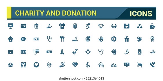 Charity and donation icon collection. Help, volunteer, donated, filled icons set, glyph symbol for web and ui. Solid icon set. Vector illustration.