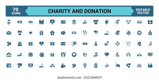 Coleção de ícones de caridade e doação. Ajuda, voluntário, doado, conjunto de ícones preenchidos, símbolo de glifo para web e ui. Ícone sólido definido. Ilustração vetorial.