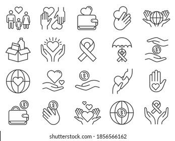 Charity and donation icon. Hands donating money and hearts. Community support icons. Family adopt, food help, aids, love and care vector set. Illustration charity donation, heart and hand support