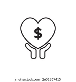Charity donation icon with heart and dollar sign held by hands. Ideal for non-profits, fundraising campaigns, financial aid apps, and giving platforms.
