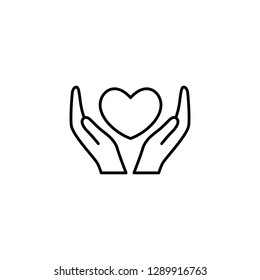 Charity and donation icon, logotype, badge. Hands holding heart. Friendship, Generous, volunteer center, fundraising event, organization with text place. Vector outline icon