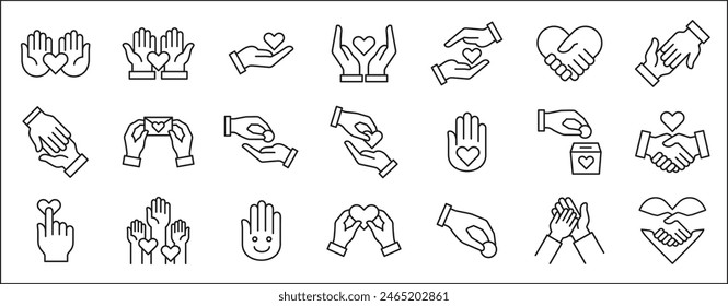 Charity and donation icon set. Aids icons. Charity hands icon. Giving hand sign. Helping hand symbol. Vector stock illustration. Collection contains symbol of volunteer, donating, compassion, funding.