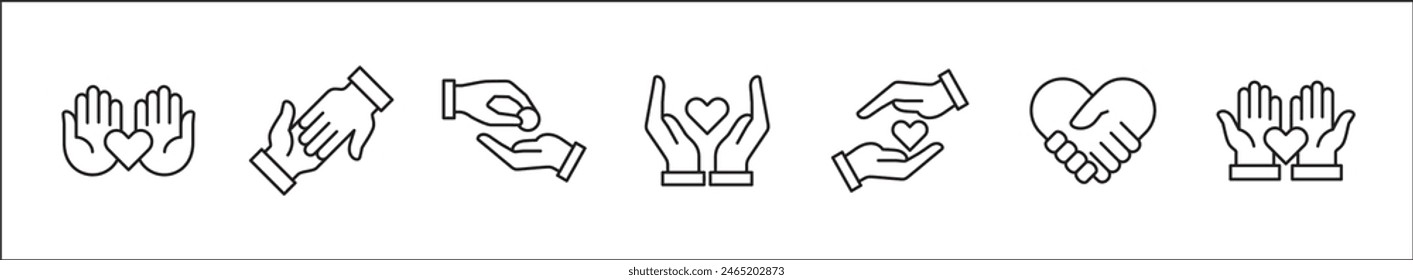 Charity and donation icon set. Aids icons. Charity hands icon. Giving hand sign. Helping hand symbol. Vector stock illustration outline style design resource for button and website.