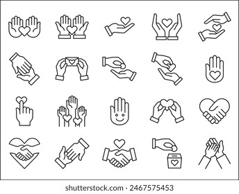 Charity and donation icon set. Aids icons. Charity hands icon. Giving hand sign. Helping hand symbol. Vector stock illustration outline style. Contains symbol of volunteer, donate, compassion, funding