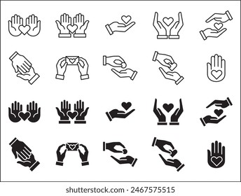 Charity and donation icon set. Aids icons. Charity hands icon. Giving hand sign. Helping hand symbol. Vector stock illustration flat style. Contains symbol of volunteer, donate, compassion, funding