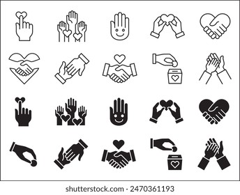 Charity and donation icon set. Aids icons. Charity hands icon. Giving hand sign. Helping hand symbol. Vector stock illustration flat style. Contains symbol of volunteer, donate, compassion, funding