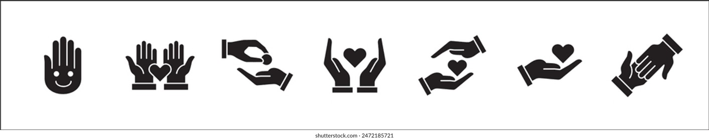 Charity and donation icon set. Aids icons. Charity hands icon. Giving hand sign. Helping hand symbol. Vector stock illustration in flat style design resource for button and website.