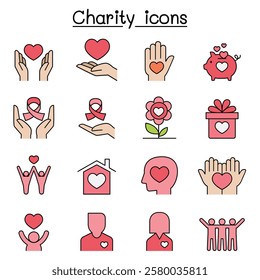 Charity and Donation icon set in color line style