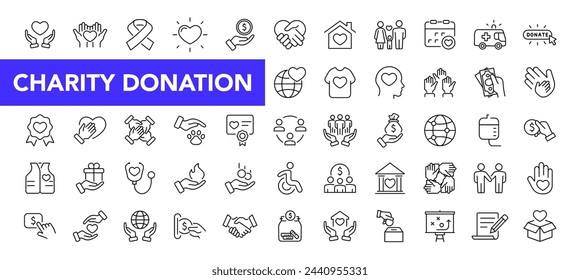 Charity and Donation icon set with editable stroke. Volunteering and donation thin line icon collection. Vector illustration