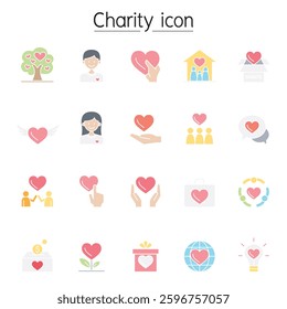 Charity and Donation icon set in flat color style
