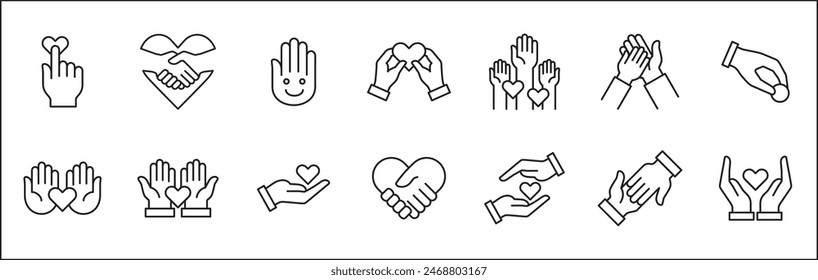 Charity and donation icon set. Charity hands icon. Aids icons. Giving hand sign. Helping hand symbol. Vector stock illustration. Collection contains symbol of volunteer, donating, compassion, funding.