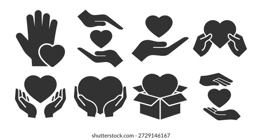Symbolsatz für Wohltätigkeit und Spende. Herz- und Handsymbole, Freiwilligenhilfe, Unterstützung, Freundlichkeit, Teilen und Pflege. Gliederungsvektorsymbole auf transparentem Hintergrund
