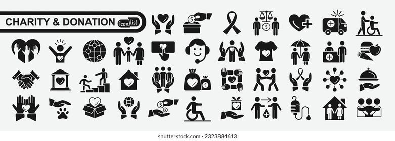 Juego de iconos de Caridad y Donación. Ayuda, voluntariado, donado, asistencia, compartir y símbolo de solidaridad. Colección vectorial de iconos sólidos.