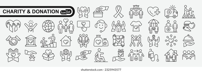 Juego de iconos de Caridad y Donación. Ayuda, voluntariado, donado, asistencia, compartir y símbolo de solidaridad. Colección vectorial de iconos sólidos.
