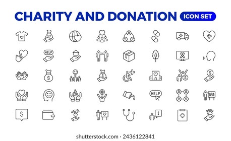 conjunto de iconos de caridad y donación. conjunto de iconos de caridad y donación, Ayuda, voluntario, asistencia donada, compartir y símbolo de solidaridad. Colección vectorial de iconos sólidos.
