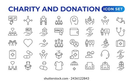 charity and donation icon set. charity and donation icon set, Help, volunteer, donated assistance, sharing, and solidarity symbol. Solid icons vector collection.