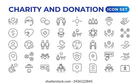 conjunto de iconos de caridad y donación. conjunto de iconos de caridad y donación, Ayuda, voluntario, asistencia donada, compartir y símbolo de solidaridad. Colección vectorial de iconos sólidos.