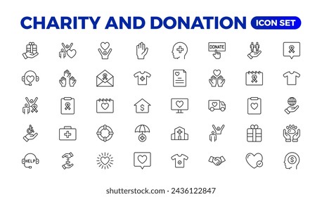 conjunto de iconos de caridad y donación. conjunto de iconos de caridad y donación, Ayuda, voluntario, asistencia donada, compartir y símbolo de solidaridad. Colección vectorial de iconos sólidos.