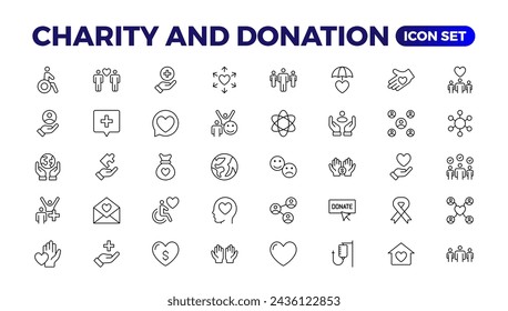 charity and donation icon set. charity and donation icon set, Help, volunteer, donated assistance, sharing, and solidarity symbol. Solid icons vector collection.