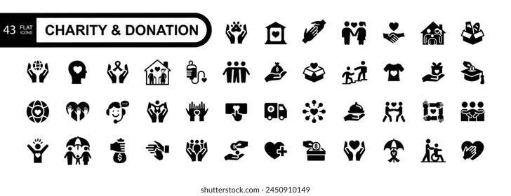 Wohltätigkeits- und Spendensymbol gesetzt. Hilfe, Freiwilligenarbeit, Spenden, Hilfe, Teilen und Solidarität Symbol. Kollektion der Vektorgrafik von Solid-Symbolen.