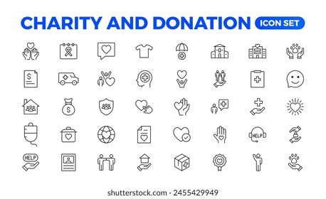 conjunto de iconos de caridad y donación. conjunto de iconos de caridad y donación, Ayuda, voluntario, asistencia donada, compartir y símbolo de solidaridad. Colección de Vector de iconos sólidos.