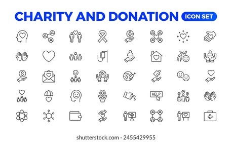 conjunto de iconos de caridad y donación. conjunto de iconos de caridad y donación, Ayuda, voluntario, asistencia donada, compartir y símbolo de solidaridad. Colección de Vector de iconos sólidos.