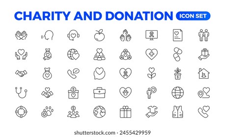 charity and donation icon set. charity and donation icon set, Help, volunteer, donated assistance, sharing, and solidarity symbol. Solid icons vector collection.