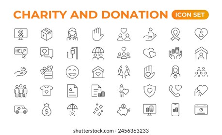 conjunto de iconos de caridad y donación. conjunto de iconos de caridad y donación, Ayuda, voluntario, asistencia donada, compartir y símbolo de solidaridad. Colección de Vector de iconos sólidos.