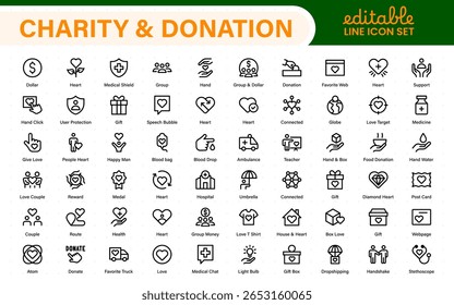caridade e doação ícone conjunto. caridade e doação ícone conjunto, Ajuda, voluntário, doou assistência, compartilhamento, e símbolo de solidariedade. Coleção de ícones de tópicos.